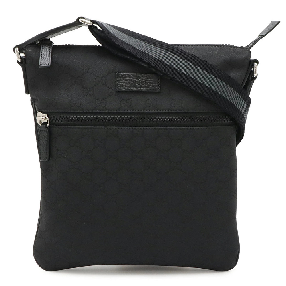 Gucci GG Shoulder Bag Sacoche Crossbody Gusset Leather Black Gray